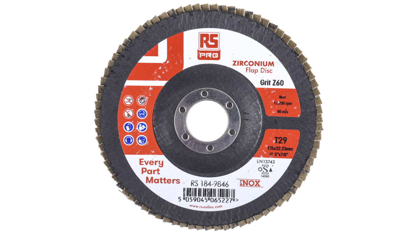 RS PRO Zirkoniumdioxid Slibeskive, 125mm diameter P60 Korn