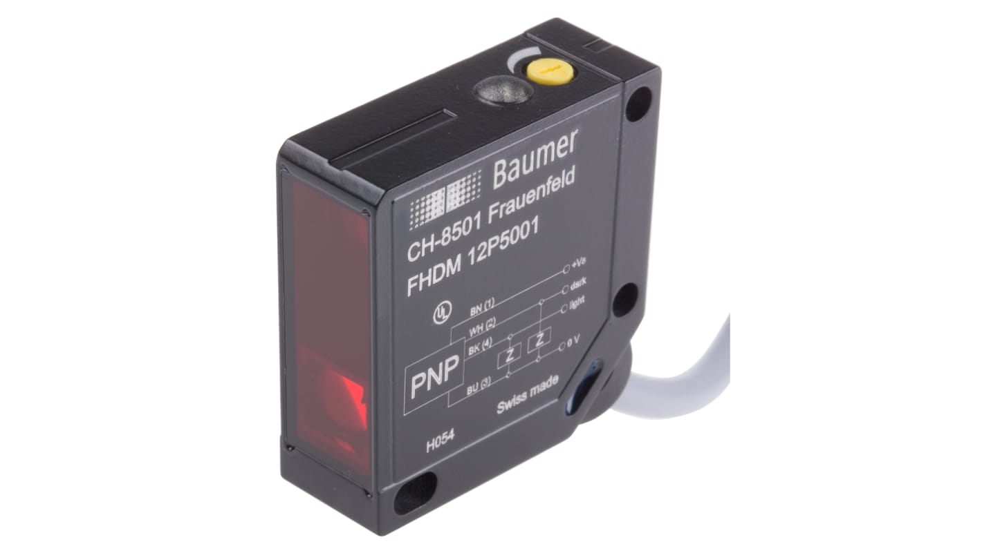 Baumer FHDM 12P Kubisch Optischer Sensor, Diffus, Bereich 15 mm → 300 mm, PNP Ausgang, Anschlusskabel
