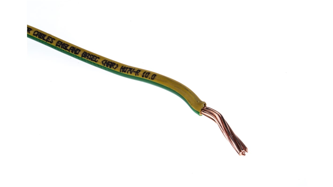 Cable de conexión RS PRO, área transversal 10 mm² Conductos Filamentos del Núcleo 7/1,35 mm Verde/Amarillo, 450 V CC,