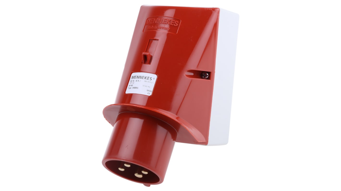 Conector de potencia industrial Macho, Formato 4P, Orientación 25 °, Rojo, 400 V, 32A, IP44