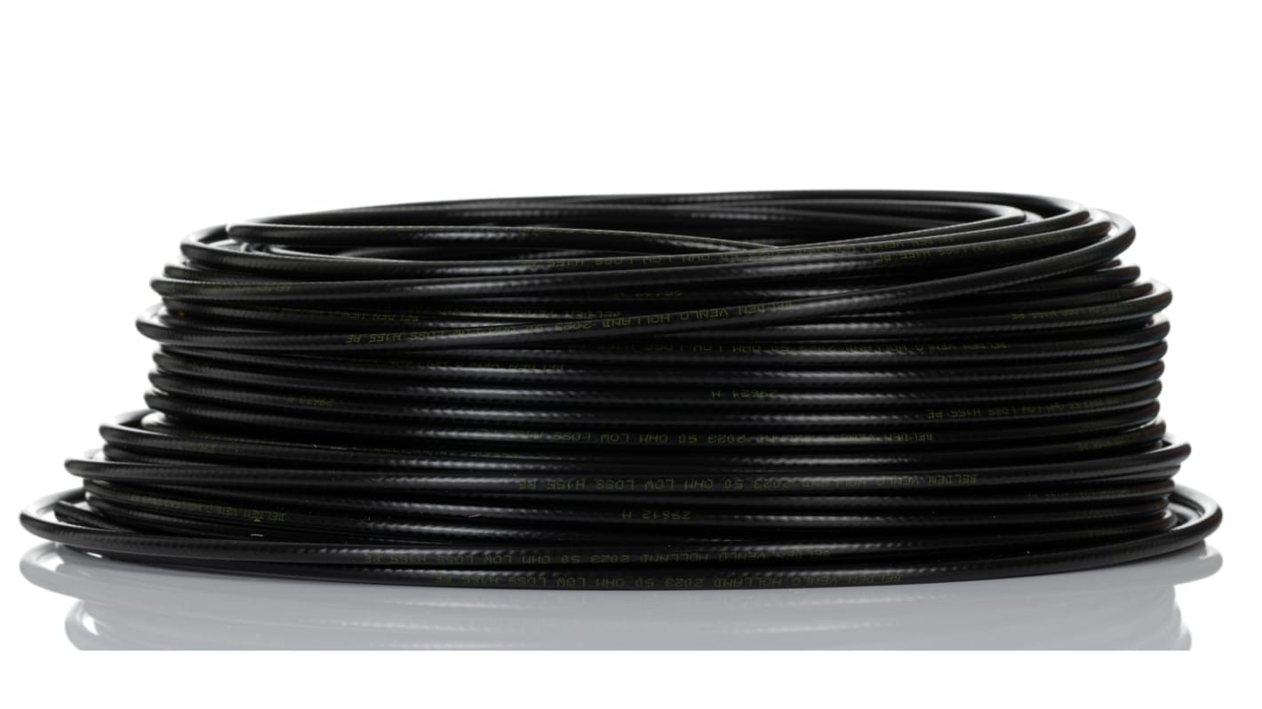 Cable coaxial H155 Belden, 50 Ω, long. 100m, funda de Libre de halógenos y bajo nivel de humo (LSZH) Negro