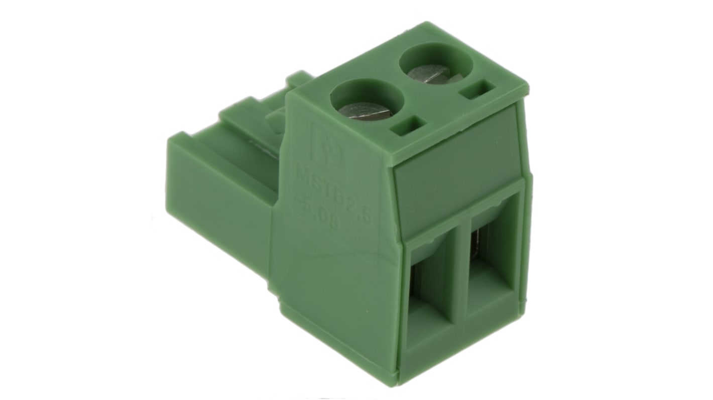 Borne enchufable para PCB Ángulo recto Phoenix Contact de 2 vías de 2 vías , paso 5.08mm, 12A, de color Verde, montaje