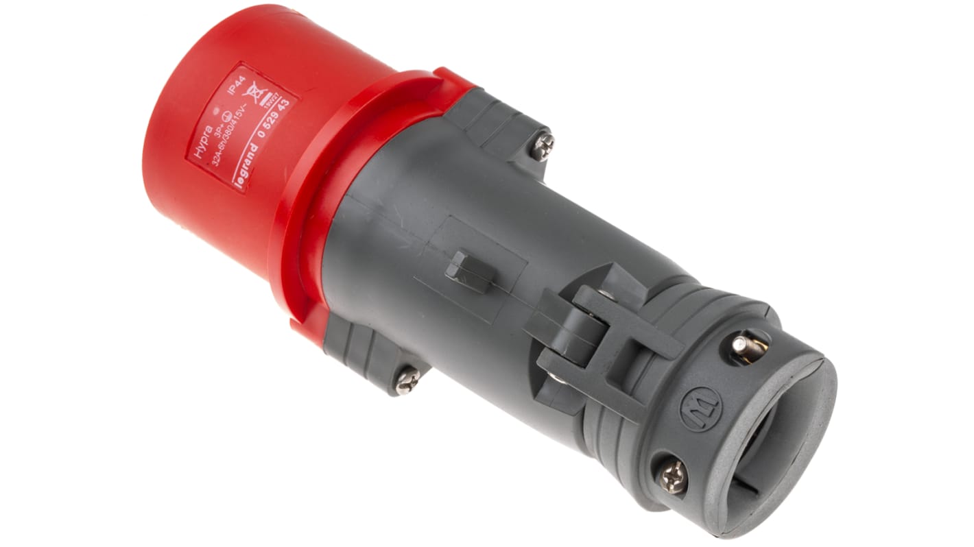 Conector de potencia industrial Macho, Formato 3P + E, Orientación Recto, HYPRA, Rojo, 415 V, 32A, IP44