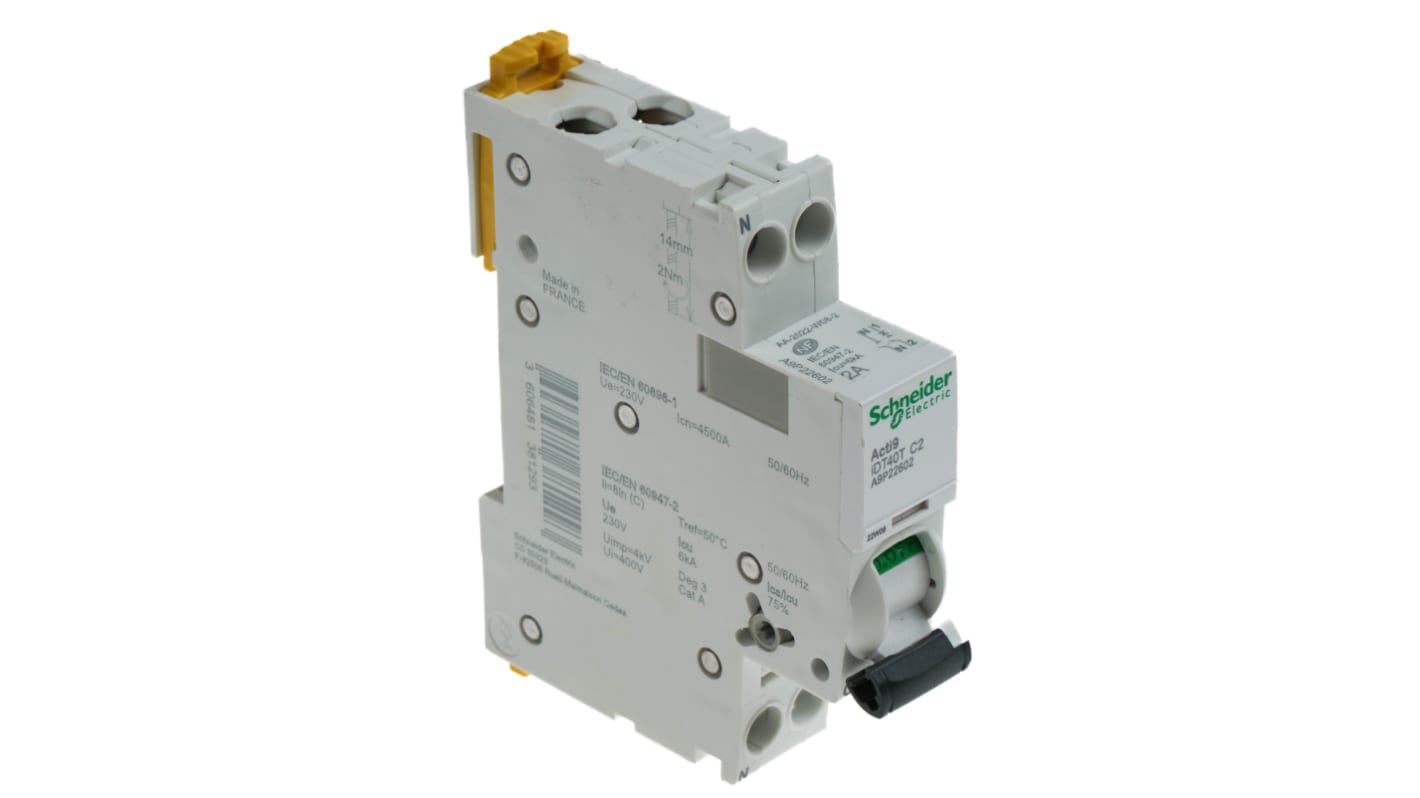 Schneider Electric Acti9 iDT40T MCB Leitungsschutzschalter Typ C, Pol 1P+N 2A 230V, Abschaltvermögen 6 kA Acti 9