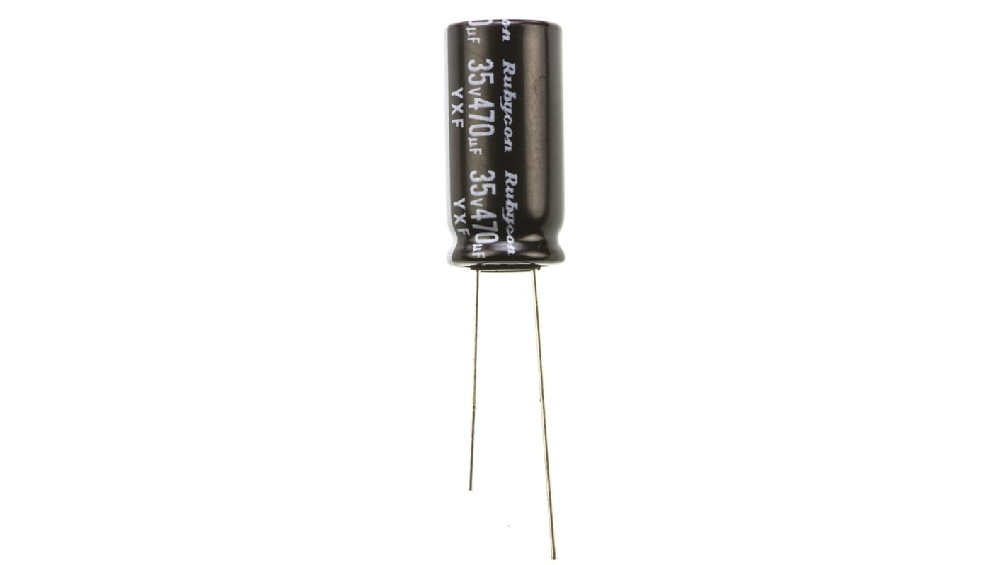 Condensador electrolítico Rubycon serie YXF, 470μF, ±20%, 35V dc, Radial, Orificio pasante, 10 (Dia.) x 20mm, paso 5mm