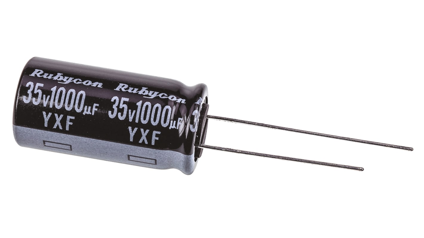 Rubycon YXF, THT Aluminium-Elektrolyt Kondensator 1000μF ±20% / 35V dc, Ø 12.5mm x 25mm, bis 105°C