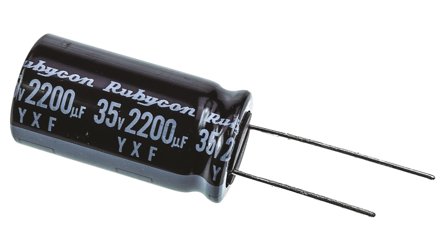 Condensador electrolítico Rubycon serie YXF, 2200μF, ±20%, 35V dc, Radial, Orificio pasante, 16 (Dia.) x 31.5mm, paso