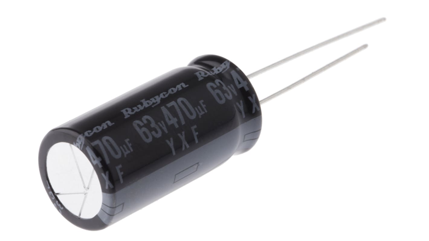 Rubycon 470μF Aluminium Electrolytic Capacitor 63V dc, Radial, Through Hole - 63YXF470M12.5X25