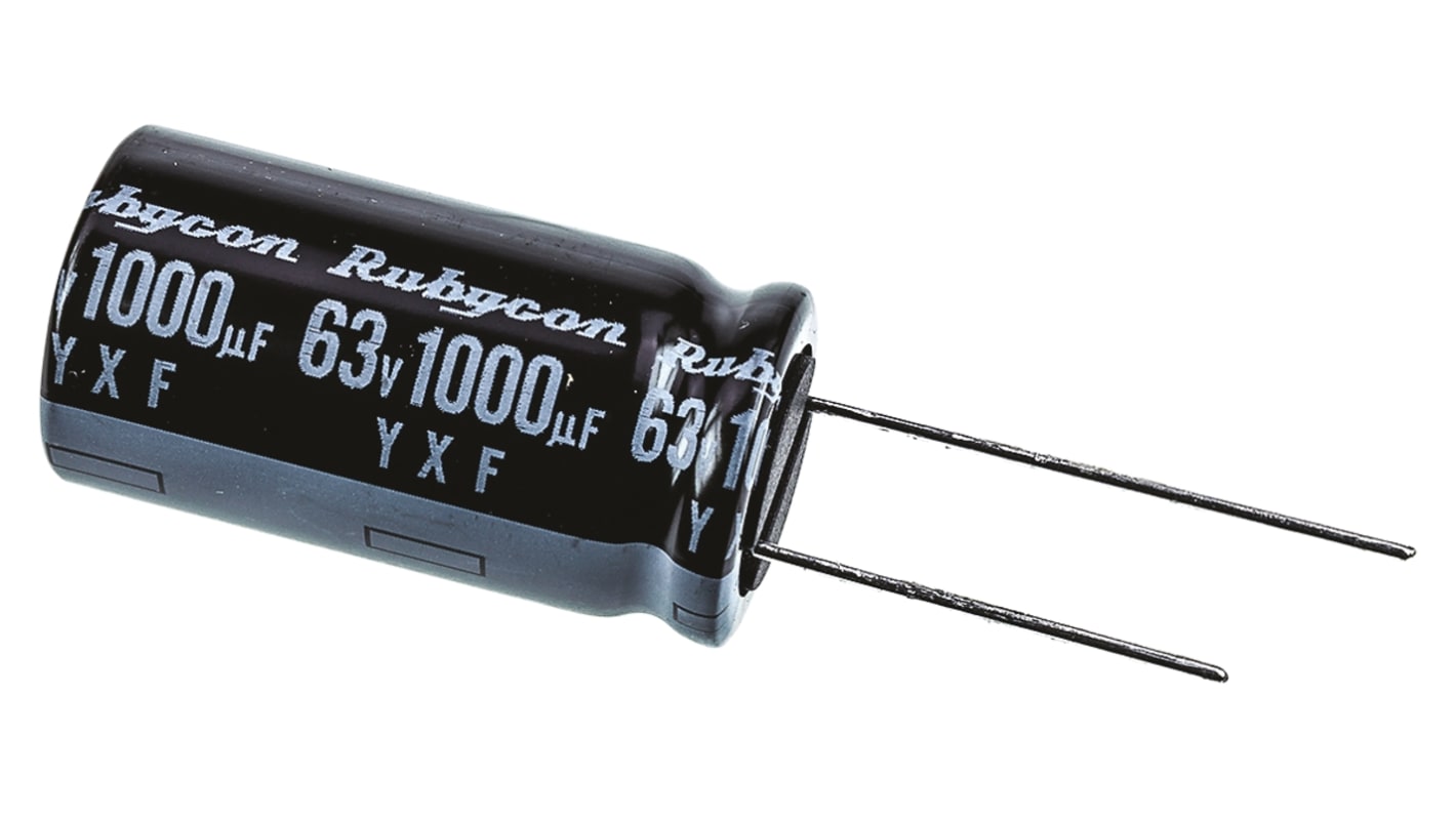 Kondenzátor, řada: YXF 1000μF ±20% 63V dc, Radiální, Průchozí otvor Hliníkové elektrolytické Rubycon