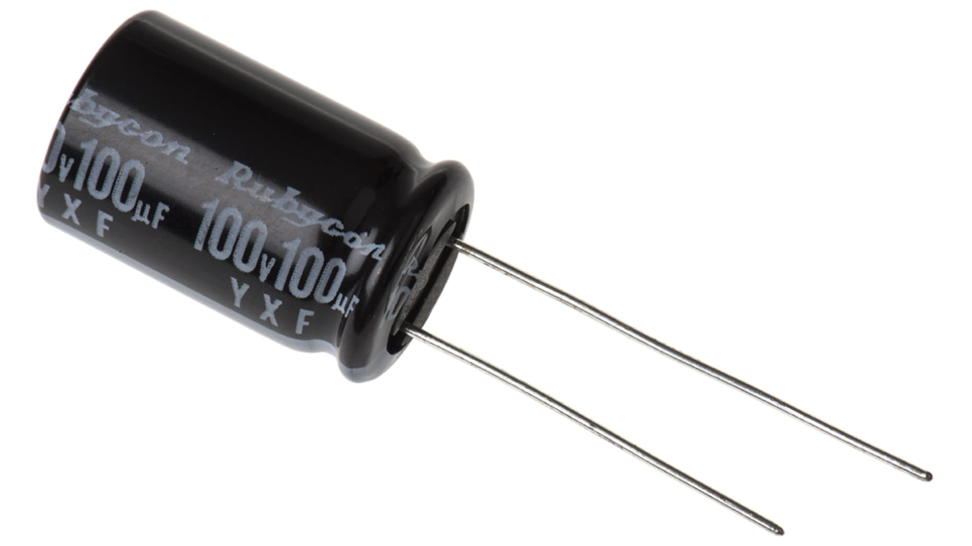 Condensador electrolítico Rubycon serie YXF, 100μF, ±20%, 100V dc, Radial, Orificio pasante, 12.5 (Dia.) x 20mm, paso