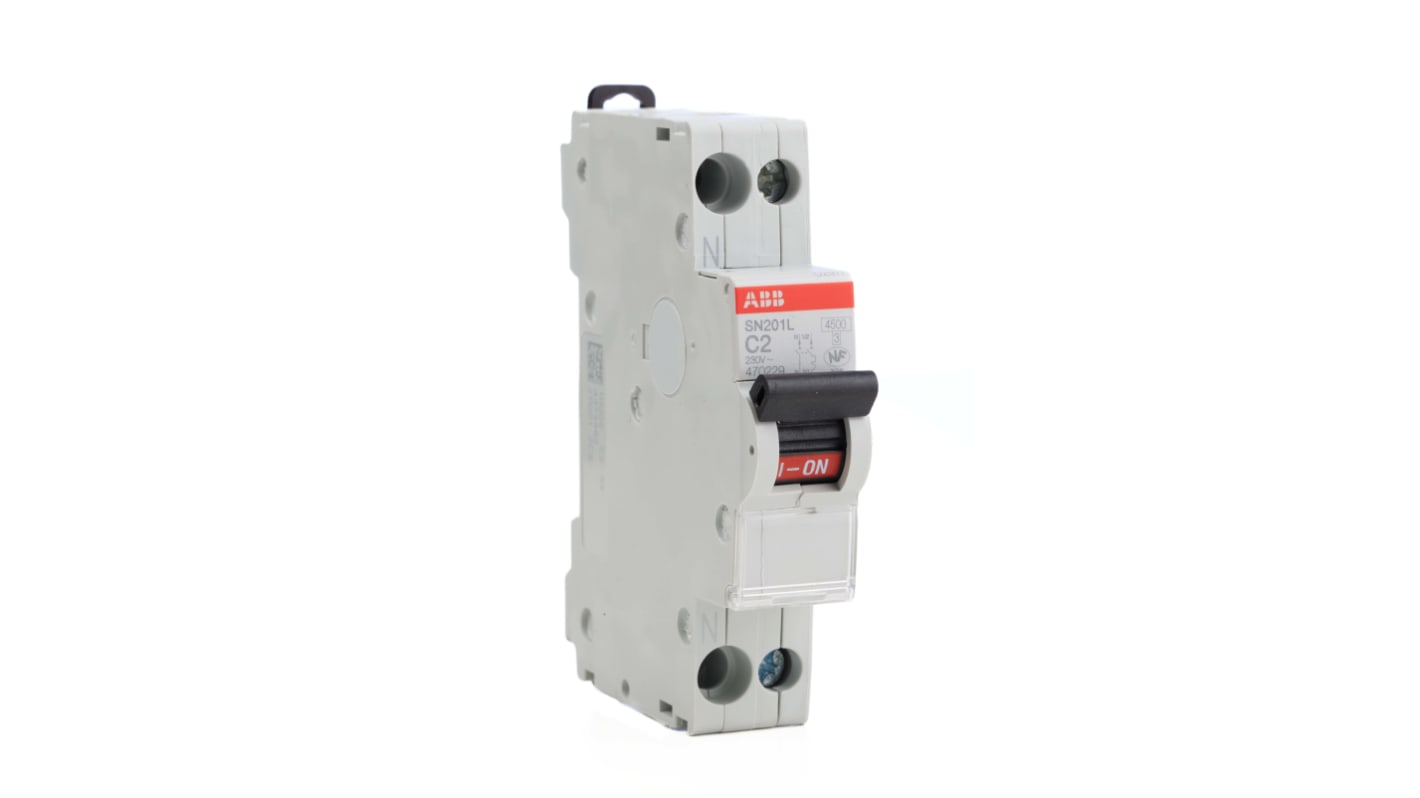 ABB SN201 MCB, 1P+N, 2A Curve C, 230V AC, 4.5 kA Breaking Capacity