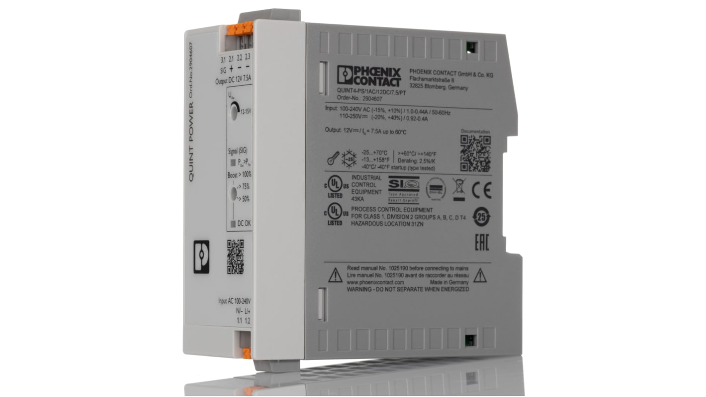 Phoenix Contact Switched Mode DIN Rail Power Supply, 100 → 240 V ac / 110 → 250V dc ac, dc Input, 12V dc