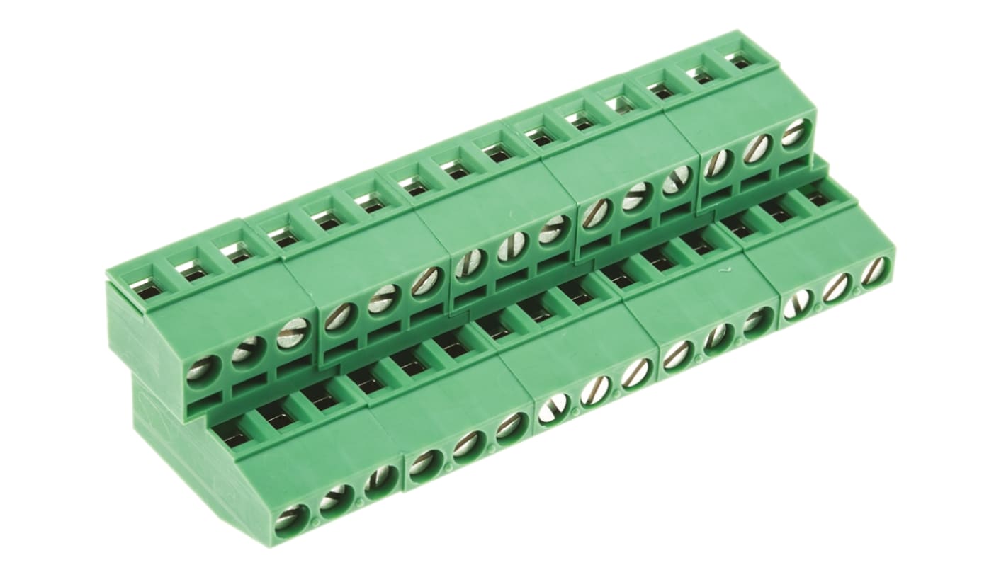 Borne para PCB Phoenix Contact de 6 vías en 2 filas, paso 5.08mm, 22A, de color Verde, montaje Montaje en orificio