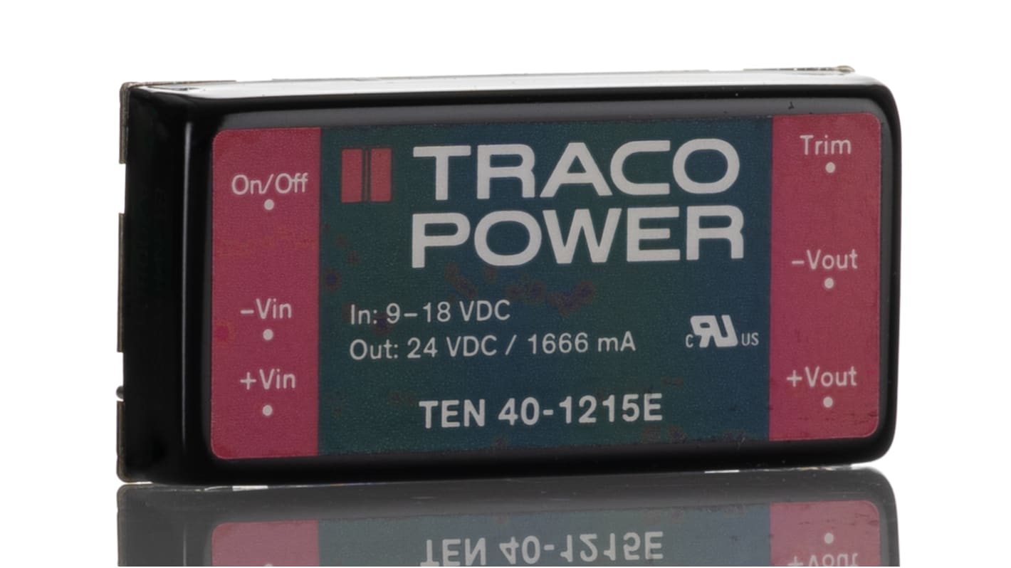 TRACOPOWER TEN 40E DC-DC Converter, 24V dc/ 1.66A Output, 9 → 18 V dc Input, 40W, PCB Mount, +85°C Max Temp