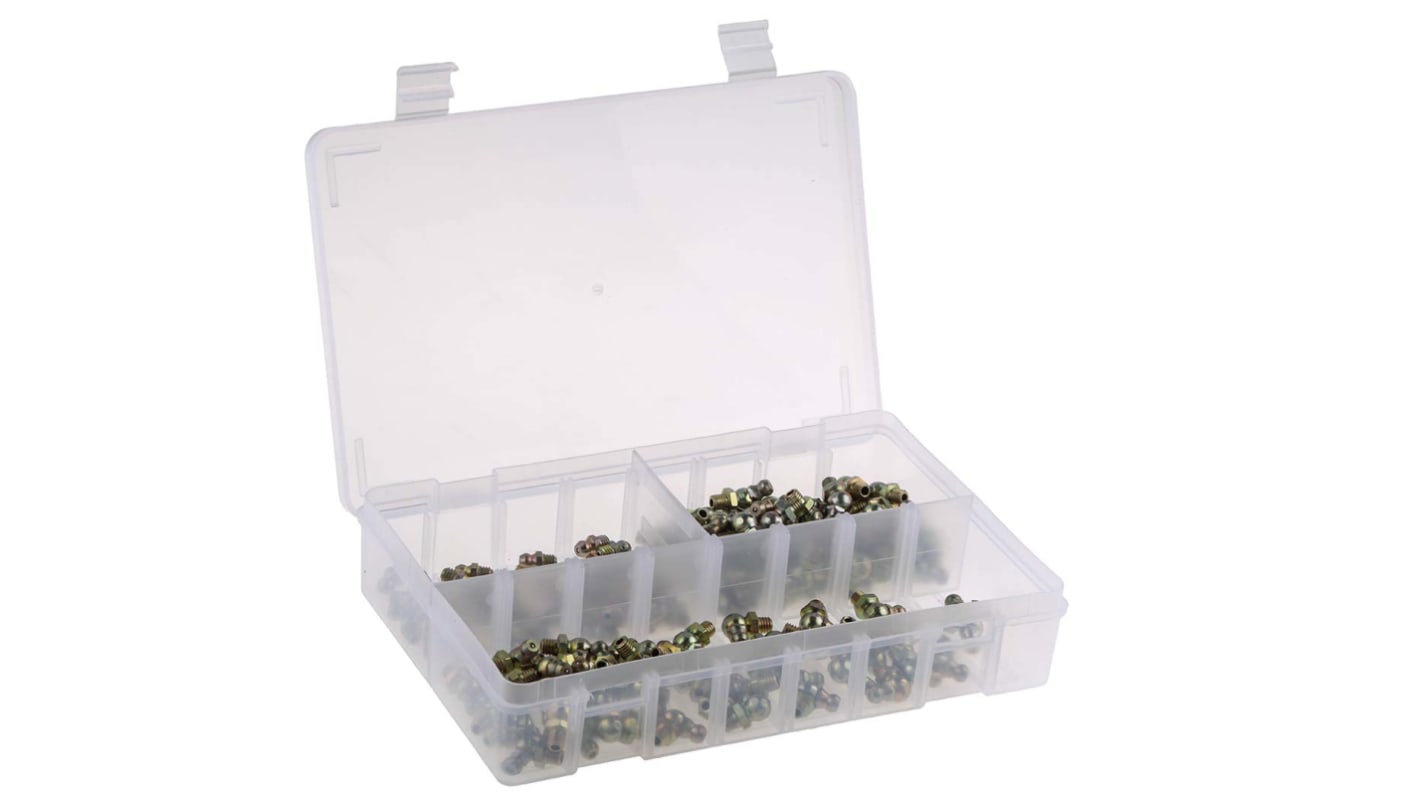 RS PRO Grease Nipple Kit Contains H1 Straight 6x1 mm (x50); H2-45 6x1 mm (x50); H3-90 6x1 mm (x50); Box