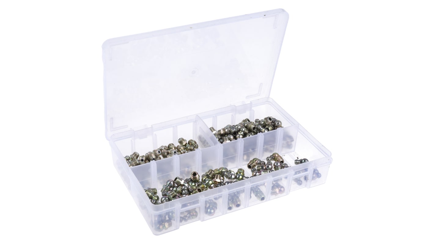 RS PRO Schmiernippelkit enthält H1 gerade 8x1 mm (x50); H2-45 8x1 mm (x50); H3-90 8x1 mm (x50); Box