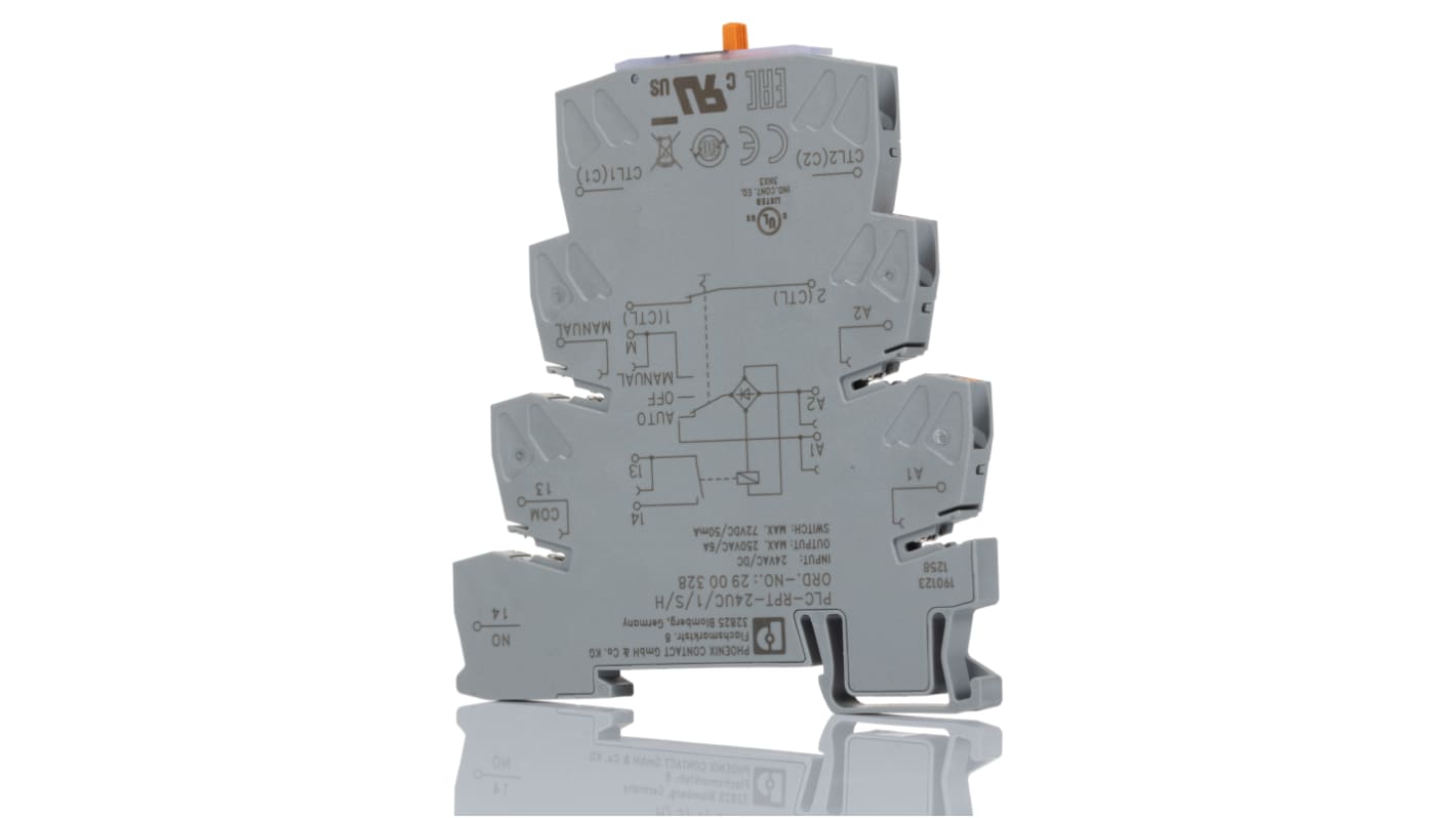 Phoenix Contact PLC-RPT-24UC/1/S/H Series Solid State Relay, 6 A Load, DIN Rail Mount, 250V ac/dc Load, 24V ac/dc