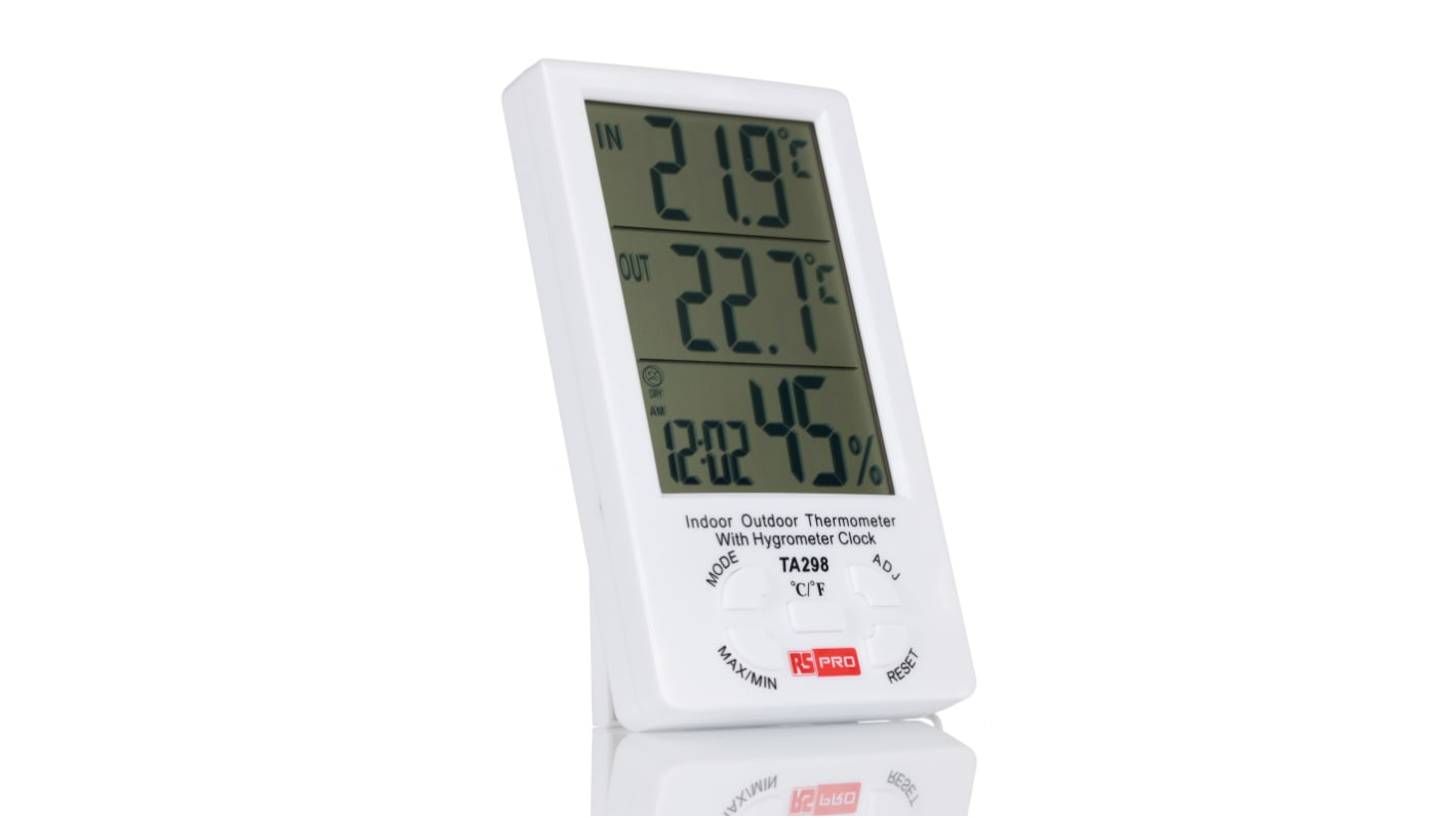 MULTICOMP PRO TA298 Thermometer, Hygrometer Clock, Indoor/Outdoor, 0°C to  +50°C, 150 mm, 88 mm, 25 mm