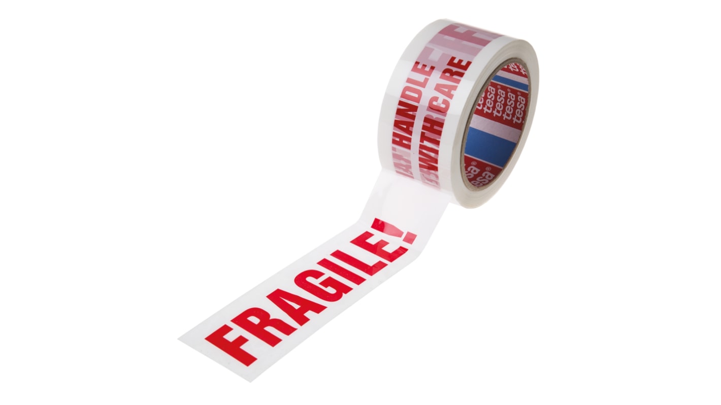 Tesa 6120 Paketband, PVC, Rot/Weiß, 50mm x 66m mit Aufdruck: "FRAGILE"