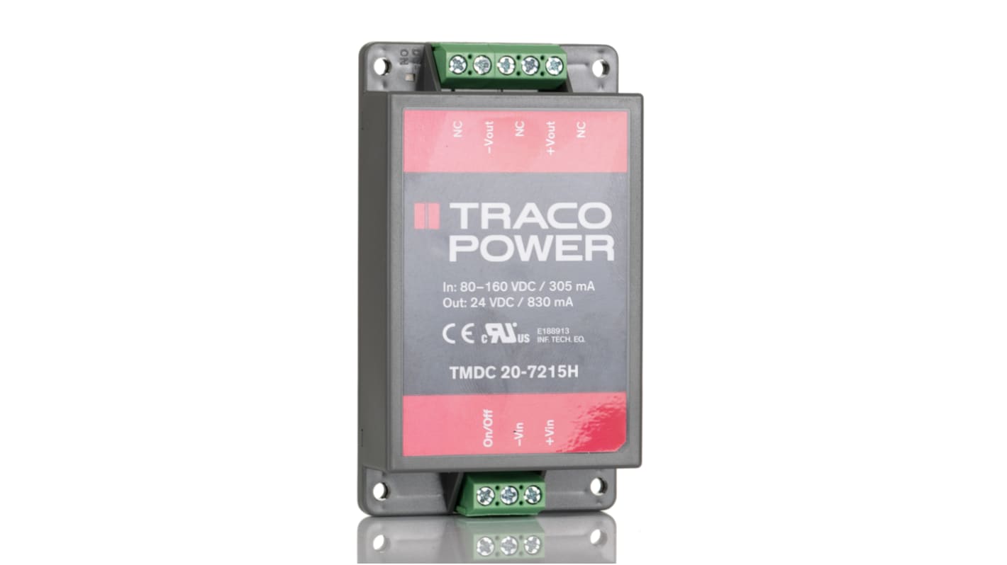 TRACOPOWER TMDC 20H DC-DC Converter, 24V dc/ 830mA Output, 80 → 160 V dc Input, 20W, Chassis Mount, +95°C Max