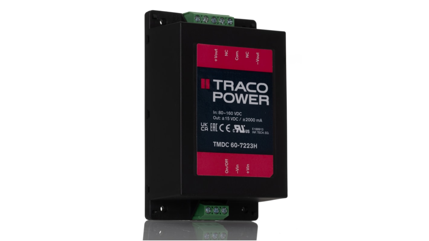 TRACOPOWER TMDC 60H DC/DC-Wandler 60W 110 V dc IN, ±15V dc OUT / 2A Gehäusemontage 3kV isoliert
