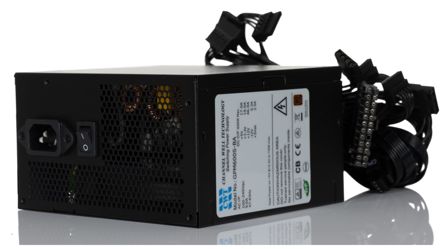 RS PRO 600W PC Power Supply, 100 → 240V ac Input, 3.3V, 5V, 5VSB, 12V