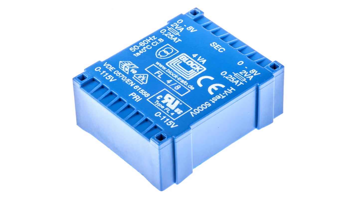 Block 8V ac 2 Output Through Hole PCB Transformer, 4VA