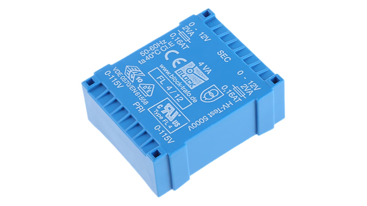 Block Printtrafo, Trafo 115 V ac, 230 V ac / 12V ac 4VA 2 Ausg. 53mm x 19.6mm x 44mm 145g Durchsteckmontage