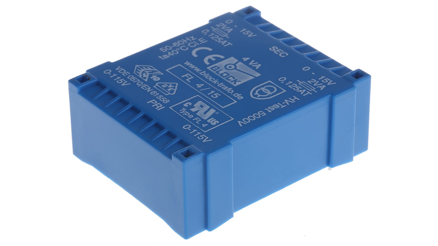 Block 15V ac 2 Output Through Hole PCB Transformer, 4VA