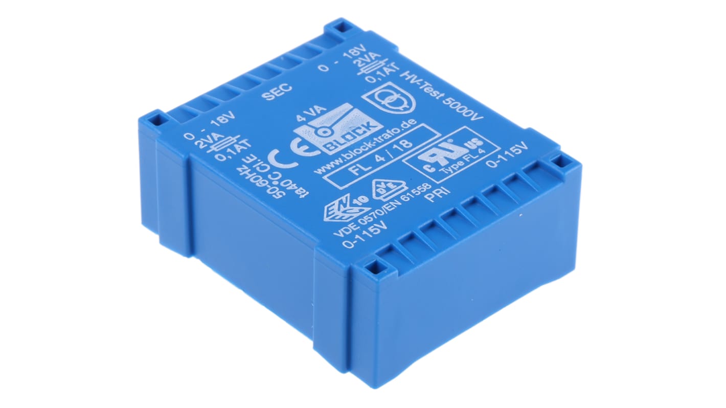 Transformador de PCB, 18V ac, 2 salidas , Agujero pasante, Potencia 4VA