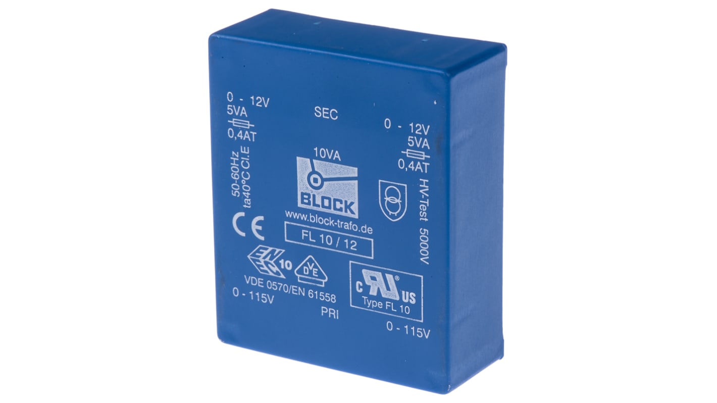 Block Printtrafo, Trafo 115 V ac, 230 V ac / 12V ac 10VA 2 Ausg. 68mm x 22.8mm x 57mm 280g Durchsteckmontage