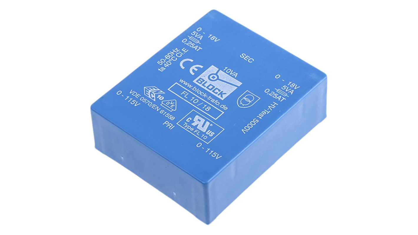 Transformateur pour circuit imprimé Block, 18V c.a., 115 V ac, 230 V ac, 10VA, 2 sorties