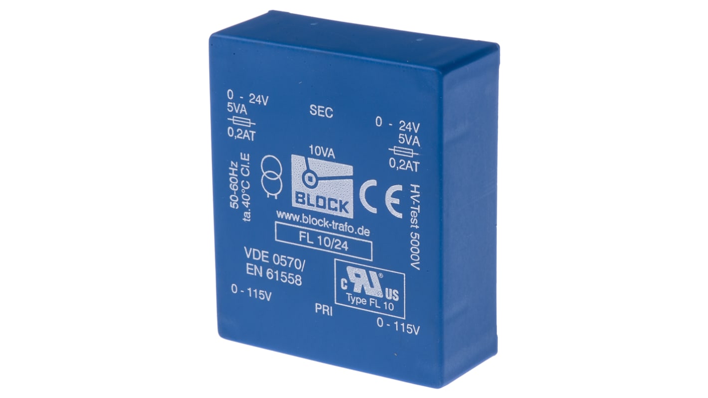 Block Printtrafo, Trafo 115 V ac, 230 V ac / 24V ac 10VA 2 Ausg. 68mm x 22.8mm x 57mm 280g Durchsteckmontage