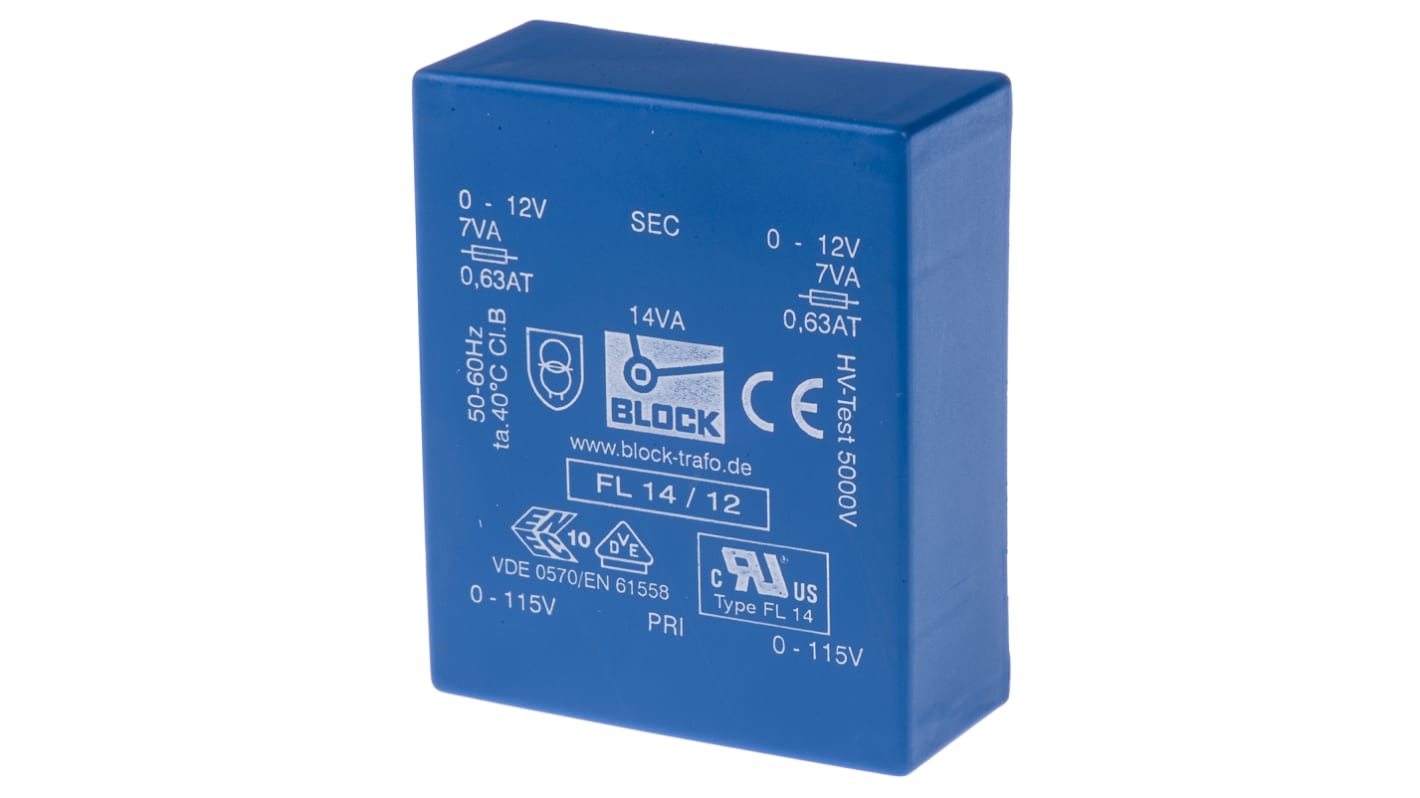 Block Printtrafo, Trafo 115V ac, 230V ac / 12V ac 14VA 2 Ausg. 68mm x 24.4mm x 57mm 315g Durchsteckmontage