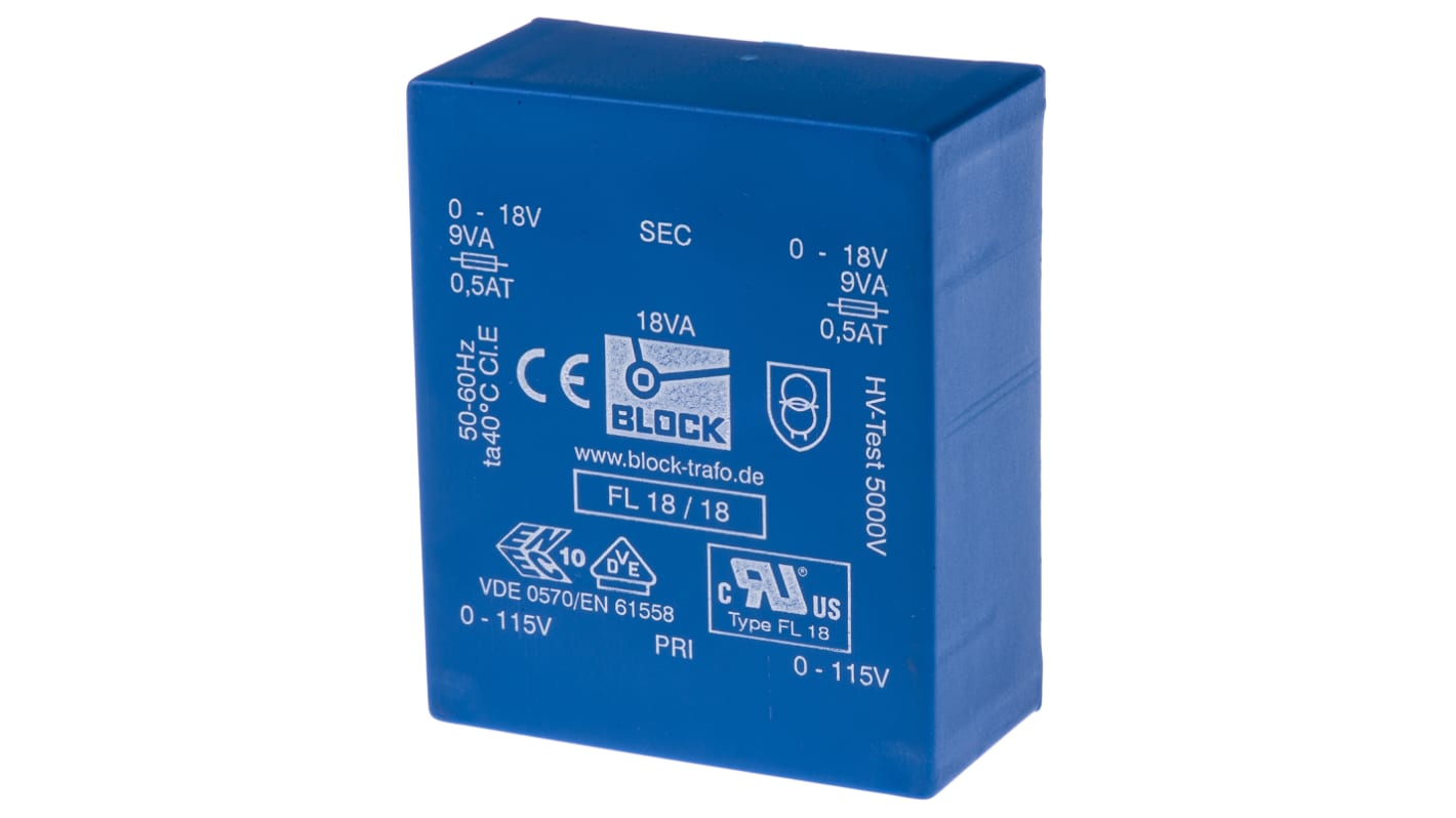 Block Printtrafo, Trafo 115V ac, 230V ac / 18V ac 18VA 2 Ausg. 68mm x 27.6mm x 57mm 375g Durchsteckmontage