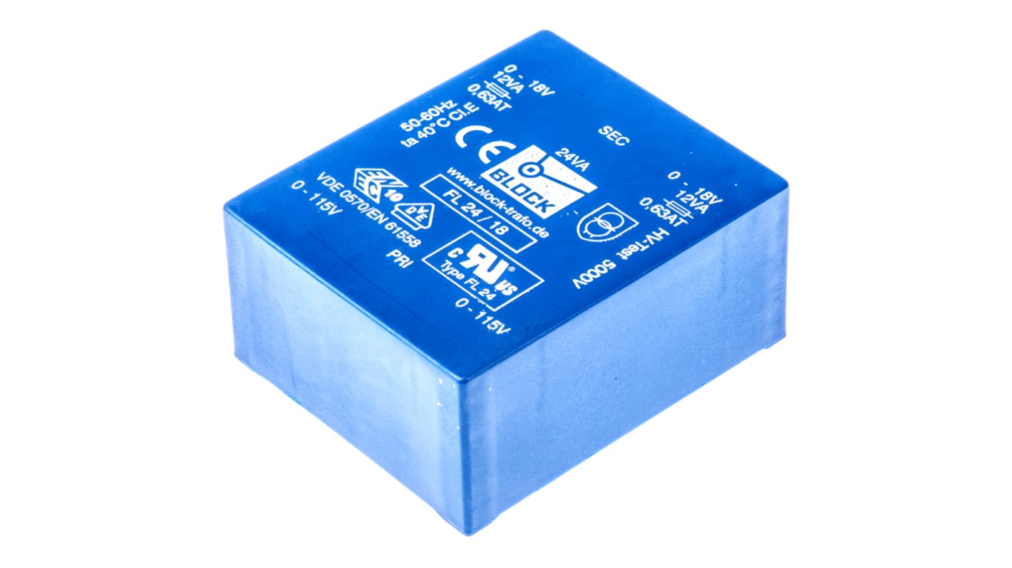 Block Printtrafo, Trafo 115 V ac, 230 V ac / 18V ac 24VA 2 Ausg. 68mm x 31.4mm x 57mm 445g Durchsteckmontage