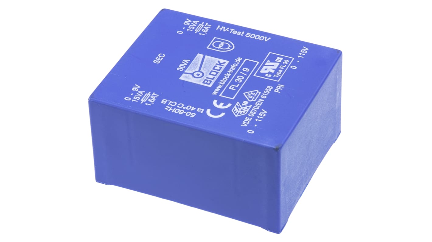 Trasformatore per PCB Block, 30VA, primario 115V ac, 230V ac, secondario 9V ca, 2 uscite