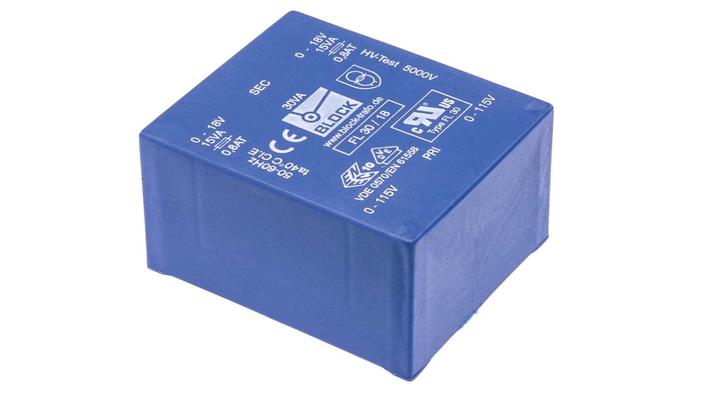 Transformateur pour circuit imprimé Block, 18V c.a., 115 V ac, 230 V ac, 30VA, 2 sorties