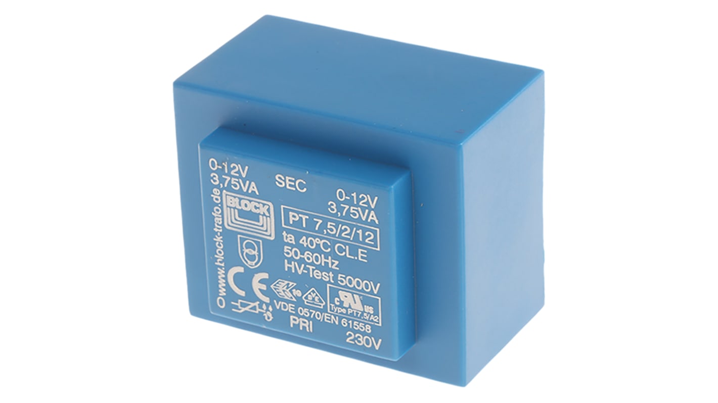 Block Printtrafo, Trafo 230V ac / 12V ac 7.5VA 2 Ausg. 51mm x 36mm x 43mm 280g Durchsteckmontage