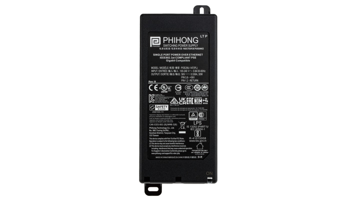 Phihong 1 portos PoE injektor, 240V ac/ 56V dc, 536mA, 30W