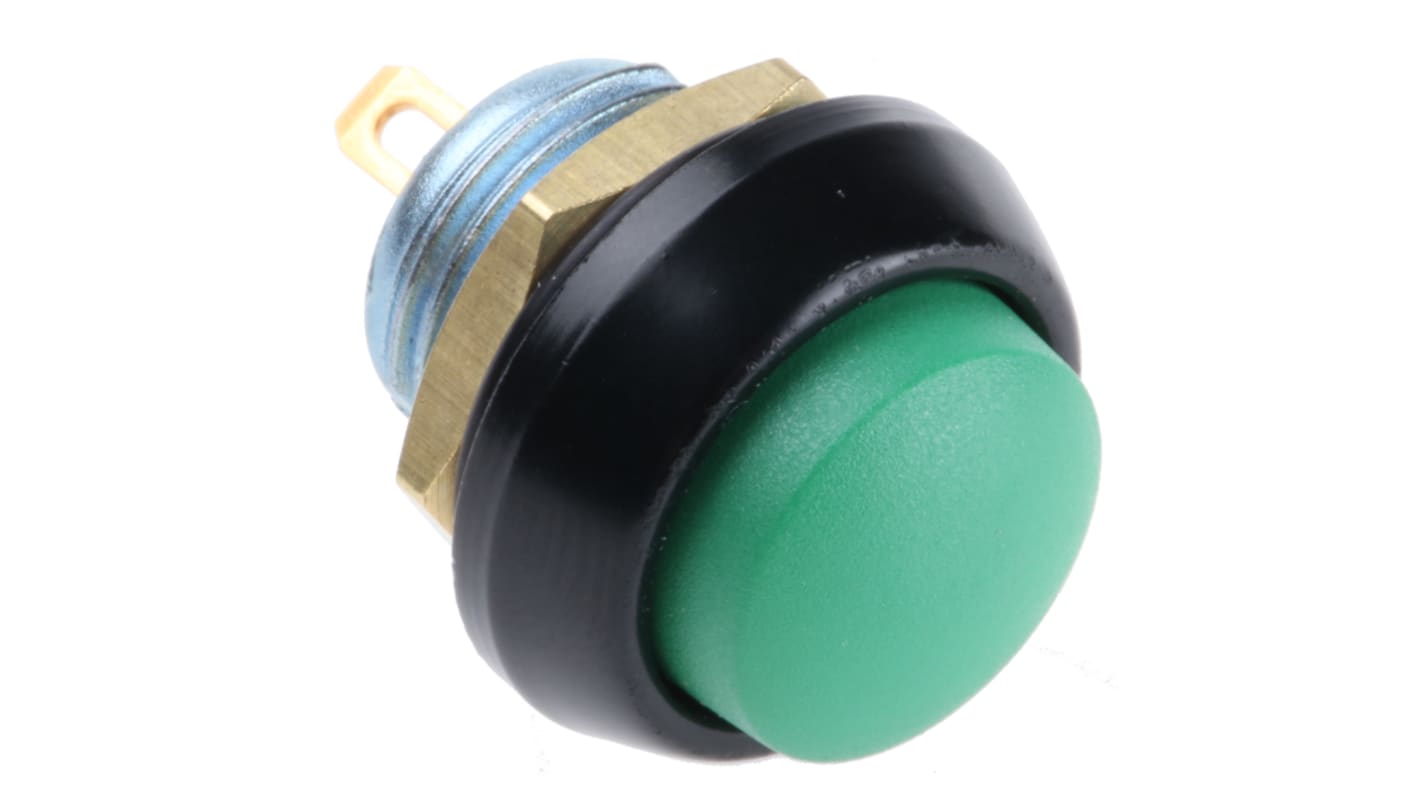 Interruptor de Botón Pulsador En Miniatura ITW Switches 59, color de botón Verde, SPST, acción momentánea, 400 mA a 32