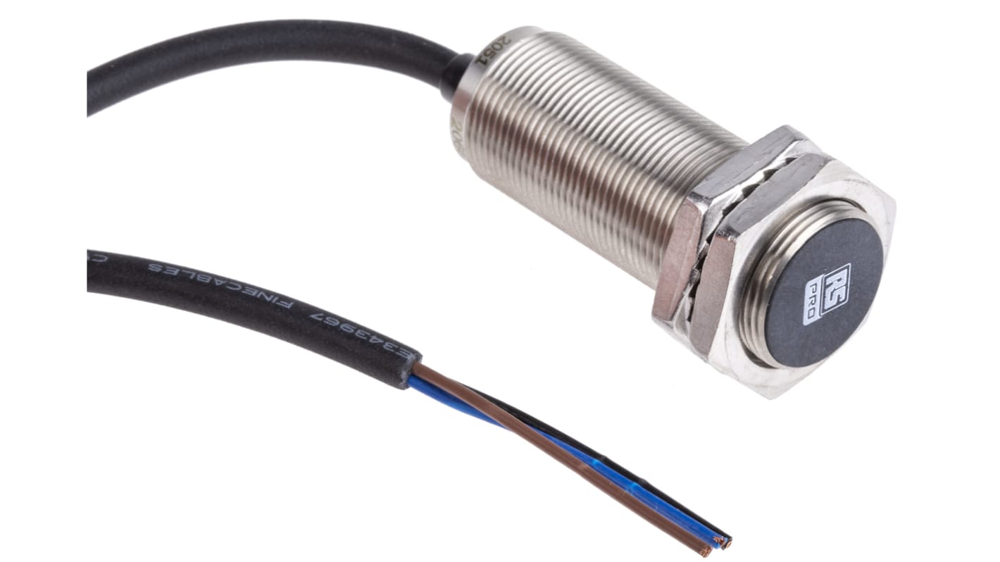 RS PRO Inductive Barrel-Style Proximity Sensor, M18 x 1, 8 mm Detection, PNP Output, 10 → 30 V dc, IP68