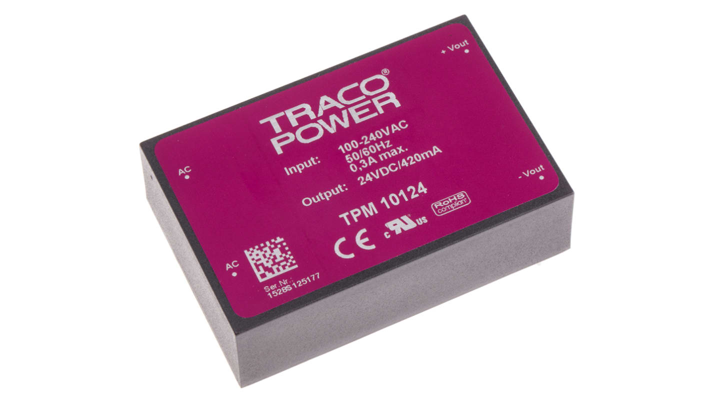 TRACOPOWER Embedded Switch Mode Power Supply SMPS, TPM 10124, 24V dc, 420mA, 10W, 1 Output, 100 → 375 V dc, 85