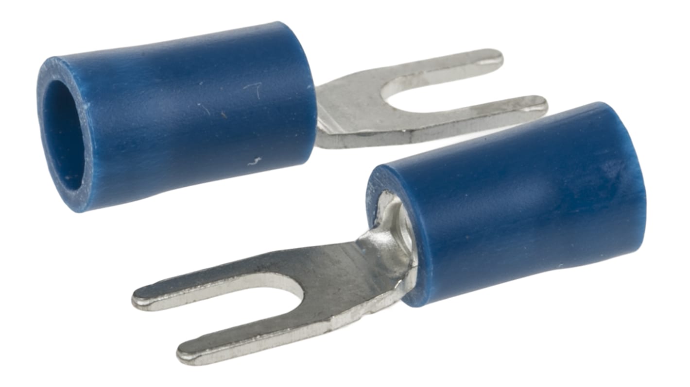 RS PRO Insulated Crimp Spade Connector, 1.5mm² to 2.5mm², 16AWG to 14AWG, 3.2mm Stud Size Vinyl, Blue