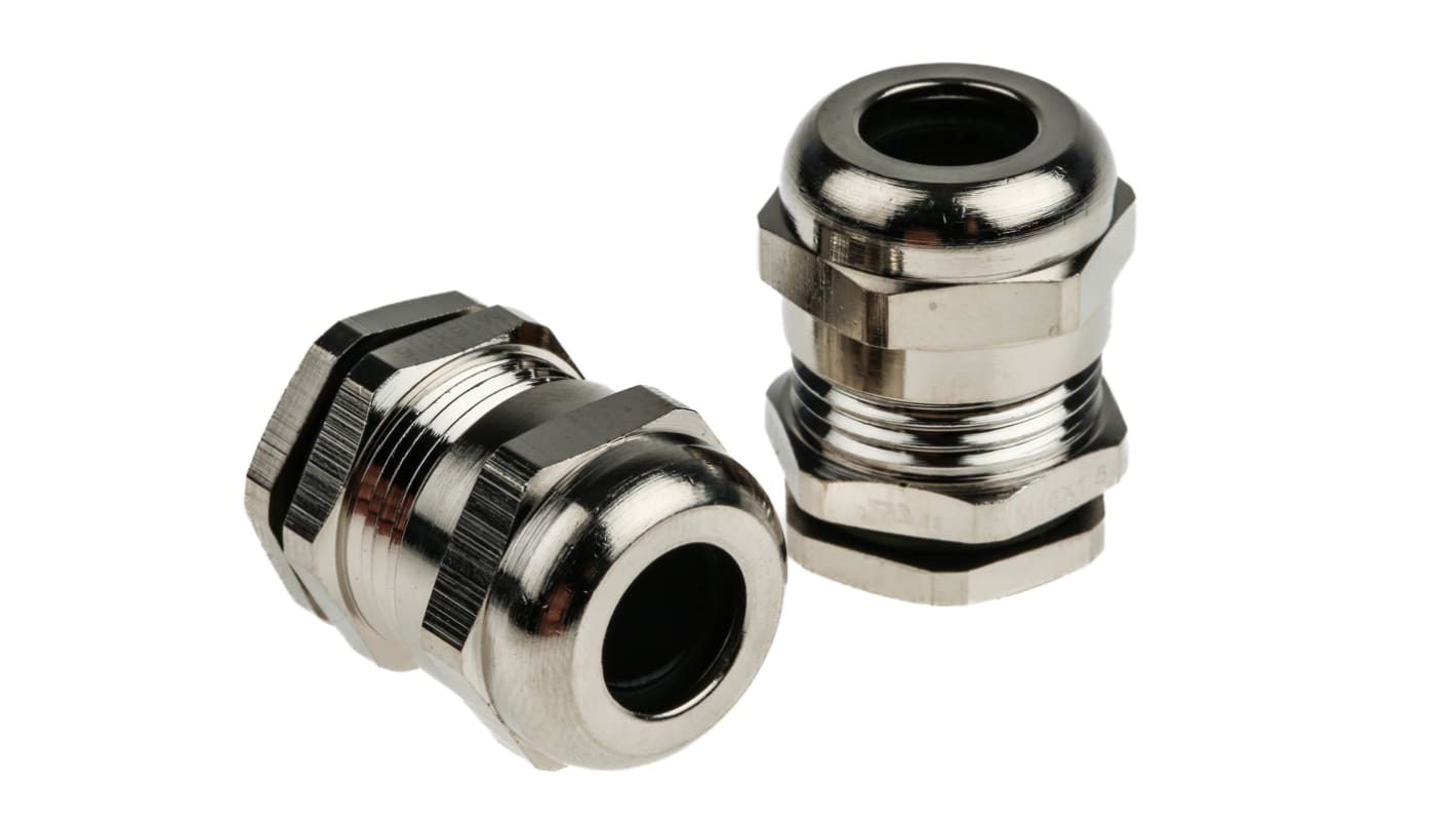 RS PRO Metallic Nickel Plated Brass Cable Gland, M16 Thread, 5mm Min