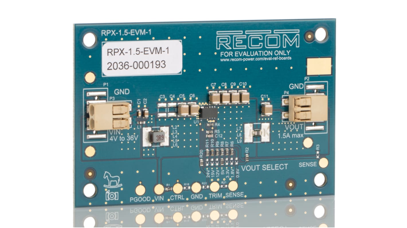 Recom Evaluation Board, for use with RPX-1.5 buck regulator module, RPX-1.5 Series