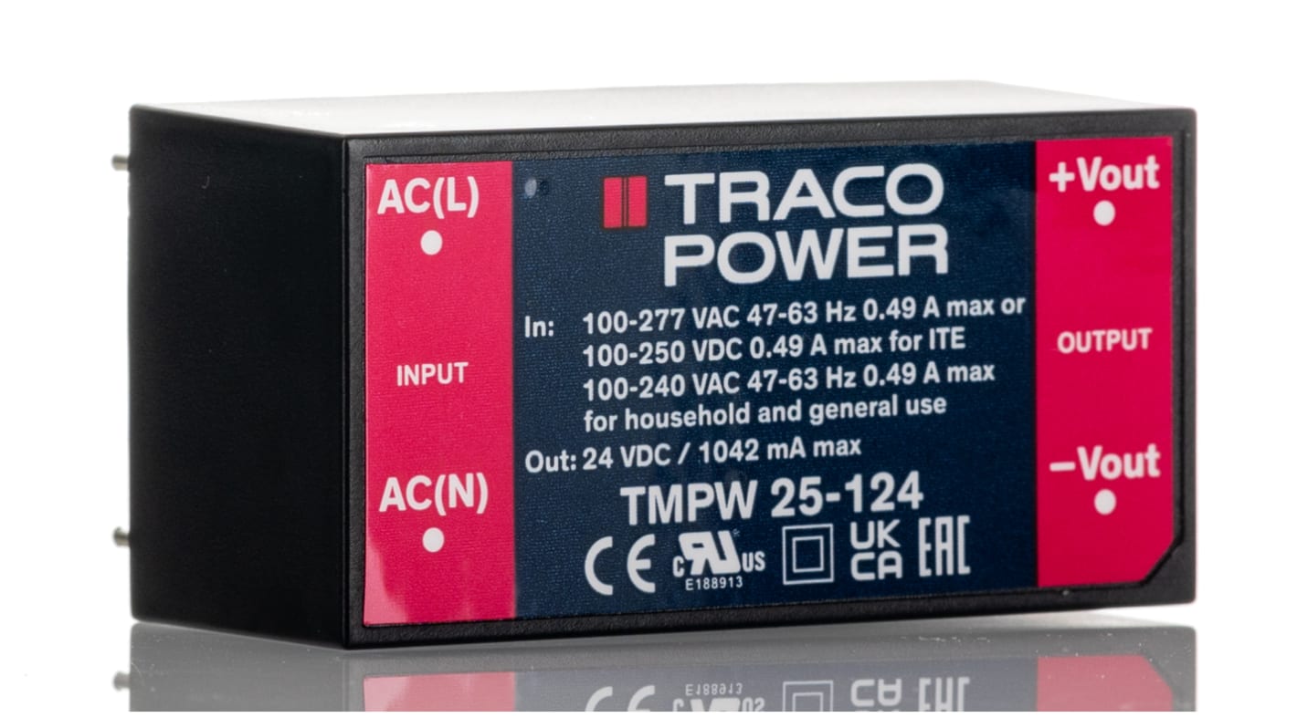 Alimentatore switching TRACOPOWER TMPW 25-124, 25W, ingresso 90 → 305V ca, uscita 24V cc, 1.04mA, 2 uscite TMPW