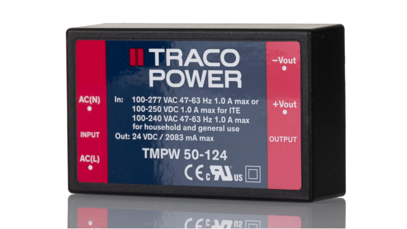 TRACOPOWER Switching Power Supply, TMPW 50-124, 24V dc, 2.08mA, 50W, Dual Output, 90 → 305V ac Input Voltage