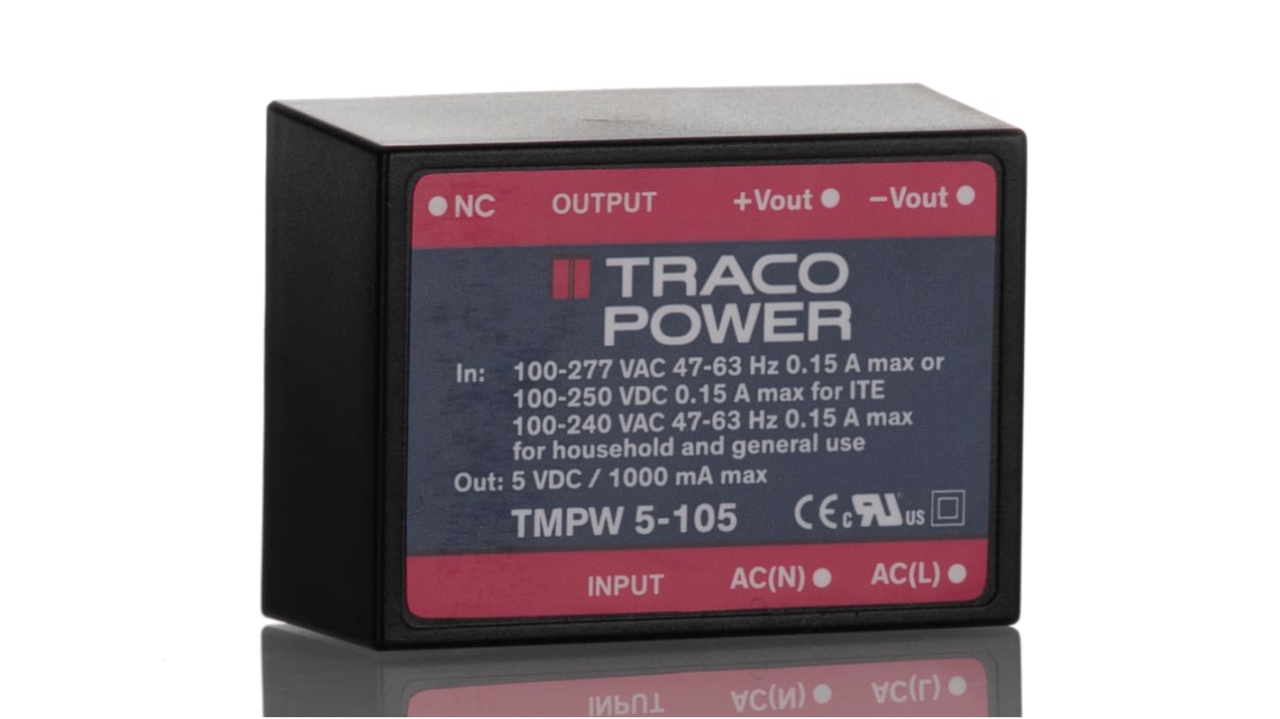 TRACOPOWER Switching Power Supply, TMPW 5-105, 5V dc, 1mA, 5W, Dual Output, 90 → 305V ac Input Voltage