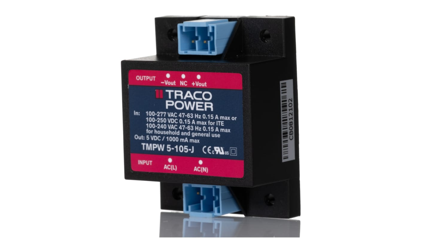 Alimentatore switching TRACOPOWER TMPW 5-105-J, 5W, ingresso 90 → 305V ca, uscita 5V cc, 1mA, 2 uscite TMPW 5 J